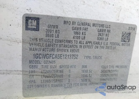 2014 Chevrolet Express G2500 z USA, uszkodzony, nr VIN 1GCWGFCA5E1213752